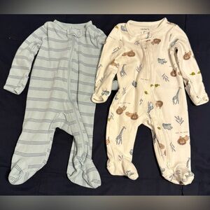Carter's Blue Striped and Cream Animal Print Footies